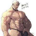  1boy abs artist_name bara beard black_fundoshi bulge character_request dated facial_hair fundoshi horns japanese_clothes large_pectorals looking_at_viewer male_focus muscular muscular_male navel nipples pectorals rybiok short_hair single_horn solo tokyo_afterschool_summoners translation_request white_hair 