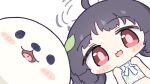  1girl black_hair blue_archive blush_stickers chibi commentary halo hands_up leaf leaf_on_head leaf_print long_hair looking_at_viewer miyu_(blue_archive) miyu_(swimsuit)_(blue_archive) no_nose open_mouth pink_pupils red_eyes seal_(animal) smile umihio upper_body 