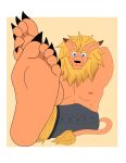  2023 5_toes alraio anthro bandai_namco barefoot black_claws black_nose blonde_eyebrows blonde_mane border claws clothed clothing digimon digimon_(species) eyebrows feet flat_colors foot_focus full-length_portrait fur hand_behind_head hi_res humanoid_feet leomon long_ears long_tail looking_at_viewer male mane nipples pale_skin pecs plantigrade portrait prick_ears shadow simple_background sitting soles solo tail toe_claws toes topless topless_anthro topless_male white_border yellow_background yellow_body yellow_fur 