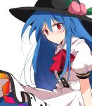  1girl black_headwear blue_hair bow bowtie center_frills closed_mouth commentary dress food frills fruit highres hinanawi_tenshi ichimura_kanata leaf long_hair looking_at_viewer peach red_bow red_bowtie red_eyes short_sleeves simple_background solo touhou white_background white_dress 