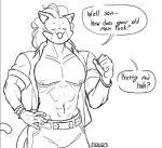  2023 abs anthro biceps bottomwear bracelet calico_cat clothed clothing dialogue digital_media_(artwork) domestic_cat english_text epic_games father_(lore) felid feline felis fortnite fur gravy_side hair jewelry line_art male mammal mastectomy_scar muscular muscular_anthro muscular_male nipples open_clothing open_mouth open_shirt open_smile open_topwear pants parent_(lore) pecs purradise_meowscles scar shirt smile solo speech_bubble tail talking_to_another text topwear trans_(lore) trans_man_(lore) 