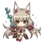  &gt;:) 1girl animal_ear_fluff animal_ears bare_shoulders black_leotard boots brown_eyes brown_hair chibi closed_mouth commentary_request facial_mark full_body gloves holding leotard long_hair low_twintails nia_(xenoblade) simple_background smile solo thigh_boots twintails v-shaped_eyebrows very_long_hair whisker_markings white_background white_footwear white_gloves xenoblade_chronicles_(series) xenoblade_chronicles_2 zer00han 