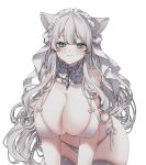  1girl animal_ears bare_shoulders breasts cat_ears frills hair_ornament highres large_breasts long_hair looking_at_viewer myumyutain original ribbon simple_background thighhighs 