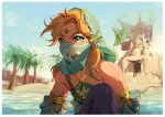  absurdres bare_shoulders blue_eyes blue_sky circlet detached_sleeves gerudo_set_(zelda) highres light_brown_hair link momoju163 mouth_veil palm_tree sidelocks sky the_legend_of_zelda tree veil 