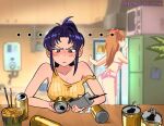  2girls annoyed ass beer_can blush breasts can highres holding holding_can holding_phone instant_ramen katsuragi_misato looking_at_object multiple_girls neon_genesis_evangelion panties phone pink_panties plant refrigerator snegovski souryuu_asuka_langley underwear 