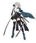  1girl alternate_costume aqua_eyes black_gloves black_hairband black_skirt black_thighhighs breasts commentary_request fingerless_gloves from_side full_body gloves grey_hair hairband holding holding_sword holding_weapon katana konpaku_youmu large_breasts long_sleeves multiple_swords parted_lips shirt short_hair simple_background skirt solo suiu_shinotsuku sword thighhighs touhou variant_set weapon white_background white_shirt wide_sleeves 