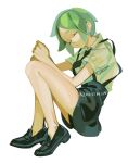  1other androgynous artist_name azolitmin black_footwear closed_eyes collared_shirt colored_eyelashes fetal_position gem_uniform_(houseki_no_kuni) green_hair head_tilt houseki_no_kuni loafers necktie other_focus parted_bangs parted_lips phosphophyllite shirt shoes short_hair short_necktie short_sleeves shorts sidelocks signature simple_background sleeping solo suspender_shorts suspenders thighs white_background white_shirt wing_collar 
