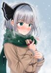  1girl artist_name black_bow black_hairband blunt_bangs blush bob_cut bow box box_of_chocolates breath brown_coat coat crying empanada gift gift_box green_eyes green_scarf grey_sweater hair_bow hairband hands_on_own_chest highres holding holding_box konpaku_youmu long_sleeves looking_ahead nose_blush raised_eyebrows sad scarf short_hair signature snowing streaming_tears sweater tears toggles touhou upper_body valentine white_hair winter_clothes yagamin258 