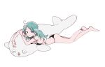  1girl ahoge aqua_hair ass bare_arms bare_legs bikini black_bikini breasts closed_mouth full_body gem h_kawa holding_own_arm large_breasts leglet long_hair looking_at_viewer lying on_stomach original pearl_(gemstone) seal_(animal) smile solo stomach stuffed_toy swimsuit white_background white_eyes 