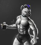  2023 abs ankorthewolf anthro arknights athletic athletic_anthro athletic_male black_body black_fur black_hair clothed clothing collar ear_piercing eyebrow_piercing facial_piercing fur gloves grey_body grey_fur hair half-closed_eyes handwear hi_res holding_object hyena hypergryph looking_at_viewer male mammal narrowed_eyes piercing solo spot_(arknights) spots spotted_body spotted_fur spotted_hyena studio_montagne tail topless topless_anthro topless_male underwear underwear_only 