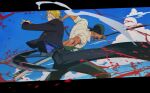  2boys absurdres bandana blood blood_splatter cigarette cloud cloudy_sky curly_eyebrows dr11ge feet_out_of_frame foreshortening frown goatee_stubble highres kicking looking_at_viewer male_focus multiple_boys one_piece outstretched_leg pants pointing_sword roronoa_zoro sanji_(one_piece) short_hair side-by-side sky smoking suit triple_wielding 