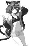  1girl animal_ear_fluff animal_ears cat_ears cat_tail chen closed_mouth collarbone commentary earrings eyewear_on_head feet_out_of_frame fingernails greyscale groin hair_between_eyes jacket jewelry long_fingernails monochrome multiple_tails nail_polish navel nekomata onkn_sxkn open_clothes open_jacket sharp_fingernails short_hair short_shorts shorts simple_background single_earring smile solo sunglasses tail touhou two_tails v white_background 