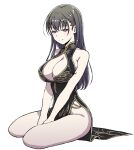  1girl alpha_transparency black_eyes black_hair bou breasts china_dress chinese_clothes cleavage cleavage_cutout clothing_cutout commentary_request dress fuu-chan_no_ana large_breasts long_hair sitting smile solo transparent_background wariza 