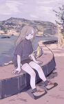  1girl absurdres black_shirt black_shorts black_socks blush brown_hair day full_body highres long_hair looking_at_viewer original outdoors purple_eyes shirt shoes shorts sitting smile sneakers socks solo yunoki_itsugu 