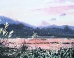  evening forest highres mountain mountainous_horizon nature nori02222 original painting_(medium) river riverbank scenery traditional_media tree twilight water watercolor_(medium) 