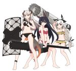  3girls :| animal_ears anklet arknights artist_request bikini black_bikini black_bikini_bottom black_hair blaze_(arknights) blue_eyes cannon cat_ears chainsaw closed_mouth collarbone dragon_horns frilled_bikini frilled_bikini_top frills full_body hairband holding holding_shield horns infection_monitor_(arknights) jewelry long_hair low-tied_long_hair multiple_girls navel red_bikini red_eyes red_hairband saria_(arknights) shield simple_background smile swimsuit third-party_source v-shaped_eyebrows weedy_(arknights) white_background white_hair yellow_bikini 