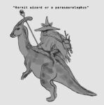  ambiguous_gender bag beard clothing dinosaur duo facial_hair feral hadrosaurid hat headgear headwear human male mammal ornithischian parasaurolophus plastiboo reptile riding scalie sitting_on_another staff standing tail witch_hat 