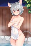  1girl animal_ear_fluff animal_ears blush breasts closed_mouth covered_navel covering covering_breasts cowboy_shot crossed_wrists daichi_(tokoya) embarrassed grey_hair hair_between_eyes highres mouse_ears mouse_tail naked_towel nazrin night onsen outdoors petite red_eyes short_hair small_breasts solo standing steam tail touhou towel wading water wet 