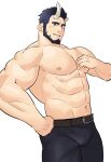  1boy abs bara beard black_pants broken_horn buckle bulge demon_boy demon_horns facial_hair hand_up highres horns kansuke_(kansuke_717) large_pectorals leather_belt live_a_hero looking_at_viewer male_focus mature_male muscular muscular_male navel nessen_(live_a_hero) nipples pants pectorals pointy_ears short_hair smile solo stomach topless_male 