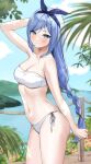  1girl absurdres arm_behind_head arm_up armpits bandeau bare_arms bare_shoulders bikini blue_eyes blue_hair blue_ribbon braid breasts cleavage closed_mouth contrapposto cowboy_shot day frown hair_ribbon highres kaetzchen long_hair looking_at_viewer medium_breasts minah_(chaesu) navel original outdoors ribbon side-tie_bikini_bottom single_braid skindentation solo standing stomach strapless strapless_bikini string_bikini swimsuit taut_bikini thighs tube_top very_long_hair white_bikini 