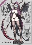  1girl bandaged_chest black_panties black_souls black_tail black_wings breasts bright_pupils character_name chinese_commentary cleavage closed_mouth colored_skin commentary_request dragon_girl dragon_horns dragon_tail dragon_wings full_body glowing glowing_eye grey_background grey_hair grey_skin groin hair_between_eyes highleg highleg_panties highres holding holding_scythe holding_weapon hood hood_up horns jabberwock_(black_souls) koshou_shou_mitsu large_breasts long_hair looking_at_viewer mismatched_pupils monster multicolored_skin multiple_views navel panties patchwork_skin red_eyes scythe sidelocks simple_background slit_pupils smile stitched_face stitched_leg stitched_neck stitches stomach tail talons torn_wings two-tone_skin underwear weapon white_pupils wide_hips wings zombie zombie_dragon 
