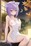  1girl absurdres ahoge animal_ear_fluff animal_ears blush breasts cat_ears cat_girl cat_tail closed_mouth collarbone hair_between_eyes highres hololive large_breasts looking_at_viewer naked_towel nekomata_okayu onsen purple_eyes purple_hair short_hair smile solo tail thighs torakichi_888 towel virtual_youtuber 