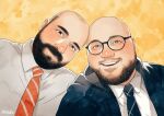  2boys bald bara couple daisukebear glasses happy heads_together male_focus mature_male multiple_boys mustache_stubble necktie original photo-referenced plump realistic receding_hairline red_necktie round_eyewear short_hair sideburns smile thick_eyebrows thick_mustache upper_body yaoi 