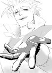 1boy deruha_(this_communication) foreshortening from_below greyscale half-closed_eyes high_collar highres huge_eyebrows male_focus monochrome outstretched_hand pectorals reaching reaching_towards_viewer short_hair smile solo spiked_hair this_communication umedairuka upper_body 