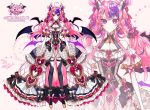  1girl ahoge artist_name bow character_name demon_girl demon_horns demon_wings dress earrings full_body hair_between_eyes heart heart_ahoge heart_earrings highres horns ironmouse jewelry lilbpeach looking_at_viewer multiple_views multiple_wings pink_hair pointy_ears purple_eyes purple_hair smile standing thighhighs twintails virtual_youtuber vshojo watermark wings 