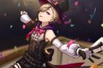  1boy asymmetrical_bangs back_bow black_gloves black_hat blonde_hair bow bowtie cape confetti detached_sleeves facial_mark genshin_impact gloves hat highres huiyue1016 lyney_(genshin_impact) male_focus multicolored_clothes multicolored_gloves one_eye_closed pink_bow pink_bowtie purple_cape purple_eyes solo top_hat white_gloves white_sleeves 