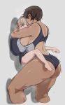  2girls against_wall ass back barefoot black_hair blonde_hair blue_eyes blush breasts brown_hair carrying carrying_person dark-skinned_female dark_skin height_difference highres hug huge_ass huge_breasts kei_(m_k) kneepits lifting_person light_smile long_hair m_k multiple_girls original red_eyes rika_(m_k) school_swimsuit short_hair simple_background size_difference smile standing sweat swimsuit tall tall_female tan thick_thighs thighs tomboy wife_and_wife yuri 