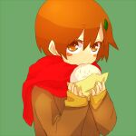  0814iwashita 1girl baozi biting blush blush_stickers bob_cut brown_coat brown_eyes brown_hair brown_shirt coat commentary danshi_koukousei_no_nichijou eating food food_in_mouth food_wrapper green_background hair_between_eyes hair_ornament hairclip holding holding_food long_sleeves looking_at_viewer looking_to_the_side looking_up mouth_hold own_hands_together raised_eyebrows red_scarf ringo-chan_(danshi_koukousei) saturated scarf shirt short_hair simple_background sleeves_past_wrists solo upper_body upturned_eyes winter_clothes 