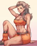  1girl abs artist_name breasts commentary earrings english_commentary grey_hair grin highres jewelry lips long_hair looking_at_viewer luchidart medium_breasts midriff muscular muscular_female navel necklace orange_shirt orange_shorts pink_lips pokemon pokemon_sv sada_(pokemon) sandals shirt shorts sitting sleeveless sleeveless_shirt smile solo stomach teeth 
