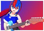  1girl alear_(female)_(fire_emblem) alear_(fire_emblem) blue_eyes blue_hair blush crossed_bangs fire_emblem fire_emblem_engage guitar hair_between_eyes heterochromia highres holding holding_instrument instrument long_hair looking_at_viewer mgnk33 multicolored_hair official_alternate_costume open_mouth ponytail red_eyes red_hair shirt smile upper_body 