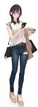  1girl ama_mitsuki bag belt black_eyes black_hair blush cellphone denim full_body handbag high_heels highres jacket jacket_removed jeans long_hair original pants phone simple_background smartphone solo toeless_footwear torn_clothes torn_jeans torn_pants white_background 