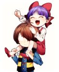  ._. 1boy 1girl absurdres aged_down bow brown_hair carrying commentary_request daji1201 fangs gegege_no_kitarou hair_bow hair_over_one_eye hand_up highres kitarou looking_up nekomusume nekomusume_(gegege_no_kitarou_6) one_eye_covered purple_hair red_footwear short_hair shoulder_carry smile 