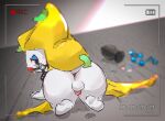  all_fours anal_beads anus backsack ball_gag balls black_buttplug blue_anal_beads blurred_background bodily_fluids butt buttplug camera_hud camera_view date discocci feral gag gagged gaping gaping_anus generation_3_pokemon genital_fluids genitals grey_floor hi_res jirachi legendary_pokemon looking_at_viewer looking_back male mammal multicolored_body nintendo nude on_ground penis plug_(sex_toy) pokemon pokemon_(species) presenting presenting_hindquarters sex_toy simple_background solo text time_stamp two_tone_body white_body yellow_body 