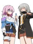  2girls anger_vein angry arrow_(projectile) black_gloves black_jacket black_skirt blue_eyes blue_skirt clenched_hand closed_mouth commentary disgust flasso gloves grey_hair hair_between_eyes highres holding holding_arrow honkai:_star_rail honkai_(series) jacket long_sleeves looking_at_viewer march_7th_(honkai:_star_rail) multiple_girls off-shoulder_shirt off_shoulder open_mouth partially_fingerless_gloves pleated_skirt purple_hair shaded_face shirt sidelocks simple_background skirt stelle_(honkai:_star_rail) sweatdrop symbol-only_commentary trailblazer_(honkai:_star_rail) white_background white_shirt 