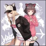  2girls animal_ear_headphones animal_ears animal_hat baseball_cap black_headwear black_jacket black_thighhighs blonde_hair blunt_bangs brown_hair cat_ear_headphones cat_tail closed_mouth commentary_request cowboy_shot dog_tail drawstring fake_animal_ears grey_background hands_in_pockets hat headphones highres hood hood_down hoodie interlocked_fingers jacket kmnz leaning_forward long_hair long_sleeves looking_at_viewer mc_lita mc_liz multiple_girls open_clothes open_jacket own_hands_together pink_hoodie pleated_skirt purple_eyes short_hair signature skirt sleeves_past_wrists smile standing streetwear tail thighhighs virtual_youtuber white_hoodie white_skirt zasshu_tamashii 