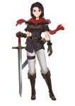  1girl absurdres armor black_eyes black_hair black_shirt boots breastplate brown_footwear brown_gloves ebinku fire_emblem fire_emblem:_thracia_776 gloves highres holding holding_sword holding_weapon looking_at_viewer machyua_(fire_emblem) pants pauldrons red_scarf scarf shirt shoulder_armor smile sword weapon white_pants 