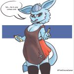  anthro apron big_breasts breasts clothing diamond_(glaceon) eeveelution english_text female generation_4_pokemon glaceon looking_at_viewer nintendo pencil_(object) pokemon pokemon_(species) simple_background solo text thekitsunegamer 
