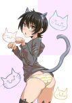  1girl animal_ear_legwear animal_ears animal_print ass black_hair black_thighhighs cat_ear_legwear cat_ears cat_print cat_tail commentary cougar_(cougar1404) cowboy_shot crotch_seam from_side grey_shirt hood hood_down hooded_shirt kemonomimi_mode long_sleeves looking_at_viewer mole mole_on_ass nari_(cougar1404) no_pants open_mouth original panties paw_pose shirt short_hair solo standing striped striped_panties tail thighhighs underwear whiskers yellow_eyes yellow_panties 