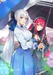  2girls alternate_costume ascot black_bow black_dress black_headdress black_umbrella blue_eyes blue_skirt blue_umbrella blurry blurry_background bow braid buttons commentary_request dress fairy_knight_tristan_(fate) fate/grand_order fate_(series) flower french_braid grey_eyes grey_hair hair_between_eyes hair_bow headdress highres holding holding_umbrella long_hair long_sleeves morgan_le_fay_(fate) mother_and_daughter multiple_girls nakaga_eri pointy_ears ponytail red_hair shirt sidelocks skirt smile straight_hair teeth umbrella very_long_hair white_ascot white_shirt 