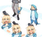  1boy 1girl :&lt; absurdres ahoge animal_costume artoria_caster_(fate) artoria_pendragon_(fate) black_gloves blonde_hair blush boots fate/grand_order fate_(series) fujimaru_ritsuka_(male) fujimaru_ritsuka_(male)_(polar_chaldea_uniform) gloves green_eyes headpat highres long_hair obazzotto shark_costume sharp_teeth teeth 