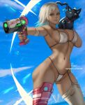  1girl 808_(hi-fi_rush) alternate_costume bikini blonde_hair breasts cat dark-skinned_female dark_skin english_commentary gloves gradient_hair green_eyes gun hi-fi_rush highres holding holding_gun holding_weapon jacket looking_at_viewer medium_breasts multicolored_hair navel patreon_username peppermint_(hi-fi_rush) prosthesis prosthetic_leg shorts sidecut single_thighhigh swimsuit thighhighs variant_set weapon wei_(promise_0820) white_bikini white_hair 