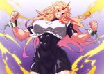  1girl blonde_hair bodysuit bodysuit_under_clothes breasts commentary_request covered_navel cowboy_shot cuffs electricity fugaku_(miko_no_miyatsuguchi) gradient_background highres horns hoshiguma_yuugi large_breasts long_hair looking_at_viewer muscular muscular_female oni pointy_ears red_horns shackles shirt single_horn smile solo star_(symbol) teeth tied_shirt touhou 
