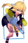  1girl ahoge artoria_pendragon_(fate) artoria_pendragon_(swimsuit_archer)_(fate) artoria_pendragon_(swimsuit_archer)_(second_ascension)_(fate) bikini black_jacket blonde_hair breasts echo_(circa) fate/grand_order fate_(series) green_eyes jacket long_hair long_sleeves looking_at_viewer low_ponytail medium_breasts open_clothes open_jacket open_mouth ponytail sidelocks swimsuit water_gun white_bikini 
