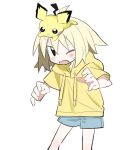  1girl ahoge black_eyes blonde_hair blue_shorts blush feet_out_of_frame hands_up hood hood_down hoodie kokaki_mumose looking_up null-meta on_head one_eye_closed open_mouth pichu pokemon pokemon_(creature) pokemon_on_head short_hair short_shorts short_sleeves shorts simple_background solo standing sweatdrop uozumi_kurumi v-shaped_eyebrows white_background yellow_hoodie 