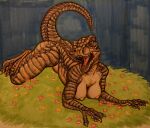 anthro biped breasts claws dinosaur fangs female flower grass hi_res justcartilage lying nipples non-mammal_breasts non-mammal_nipples nude on_front on_ground open_mouth plant raised_tail reptile scales scalie solo tail teeth 