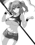  1girl belt breasts collarbone cowboy_shot grin holding holding_scythe large_breasts looking_at_viewer medium_hair navel onkn_sxkn onozuka_komachi scythe shorts simple_background smile solo tank_top touhou two_side_up white_background 